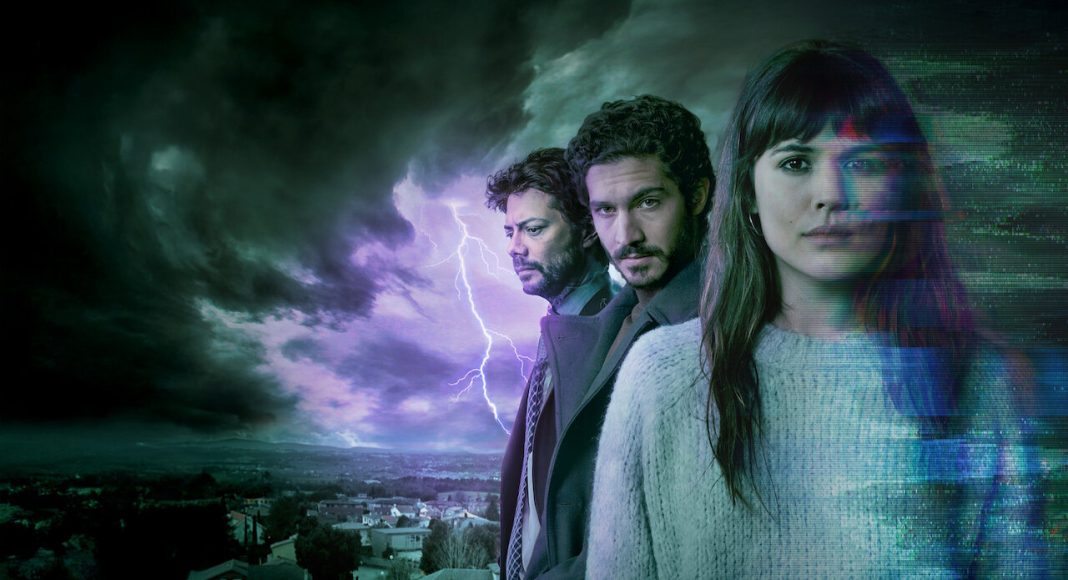 Three adults stand against a stormy landscape with purple lightning and a glitchy digital overlay, conveying a suspenseful sci‑fi mood.