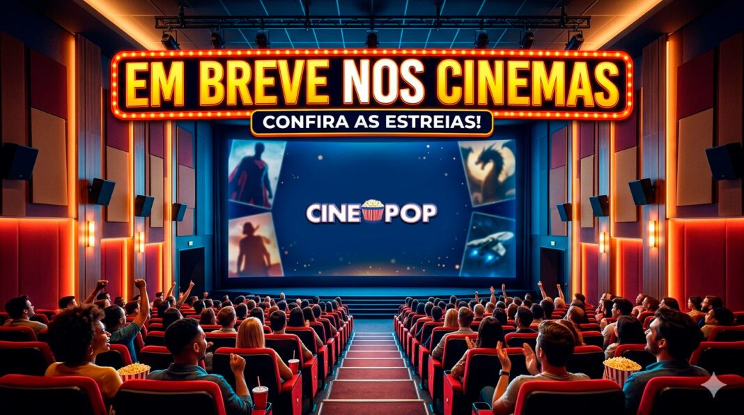 Cinema auditorium with a bright neon banner reading 'EM BREVE NOS CINEMAS' over a stage screen displaying 'CINE POP' before an excited audience.
