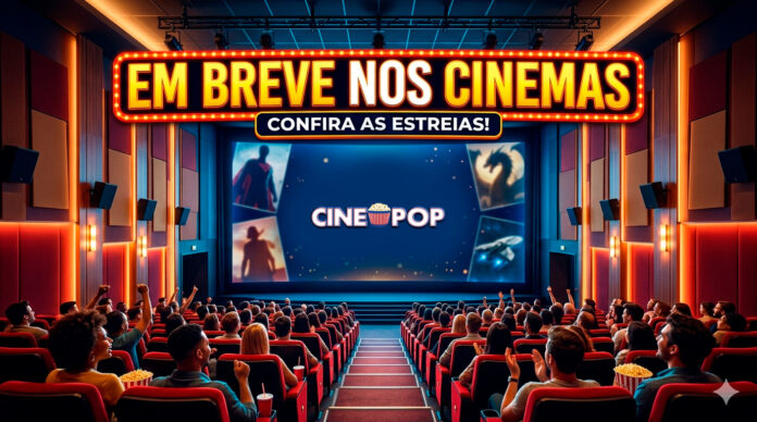 Cinema auditorium with a bright neon banner reading 'EM BREVE NOS CINEMAS' over a stage screen displaying 'CINE POP' before an excited audience.