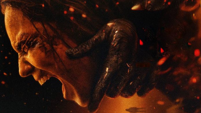 Side profile of a woman screaming as a dark, clawed hand clamps her neck in a fiery, hellish scene.