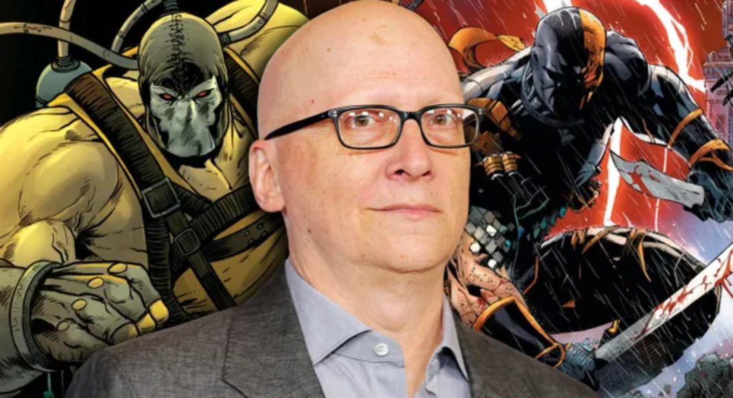 Bald man wearing glasses and a gray suit stands in front of dynamic comic book characters in the background, suggesting a collaboration or event related to comics and publishing.