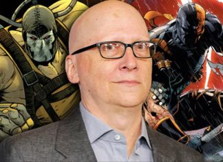 Bald man wearing glasses and a gray suit stands in front of dynamic comic book characters in the background, suggesting a collaboration or event related to comics and publishing.