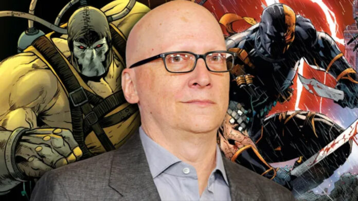 Bald man wearing glasses and a gray suit stands in front of dynamic comic book characters in the background, suggesting a collaboration or event related to comics and publishing.