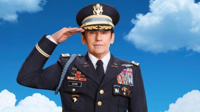 Senior military officer in dress uniform saluting against a blue sky in the background.