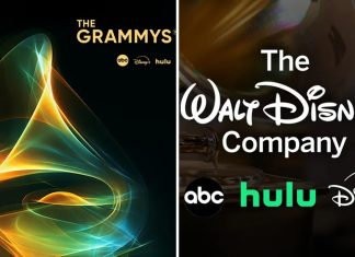 Grammy Awards será exibido pela ABC a partir de 2027 e já tem data marcada; Saiba mais! Split image showing on the left an abstract neon light design for The Grammys, with small logos (abc, Disney, Hulu); on the right, The Walt Disney Company branding with abc, Hulu, and Disney+ logos.