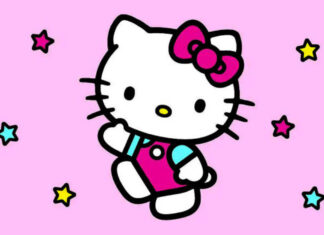 Hello Kitty wearing a pink dress with a pink bow, on a pink background with colorful stars.