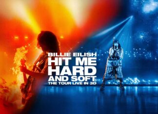 Concert poster featuring a female vocalist on stage under vivid orange and blue lights, with bold tour title text reading 'Hit Me Hard and Soft' on the center.