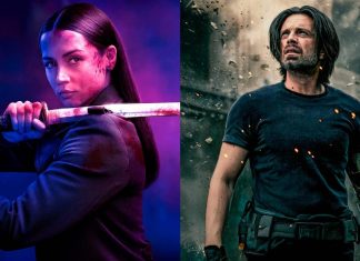 Split image: a female fighter with a katana under purple lighting on the left, and a male action hero with a metal arm amid sparks on the right.
