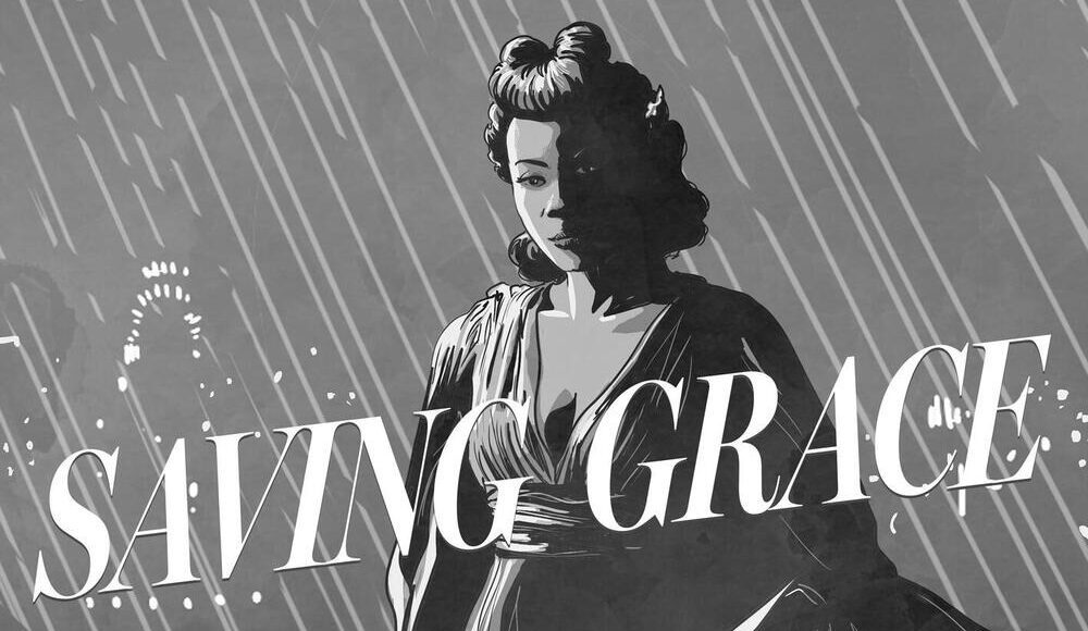 Promotional poster for Saving Grace (Prime Original Series) showing a woman in period dress in the rain with large diagonal 'SAVING GRACE' text.