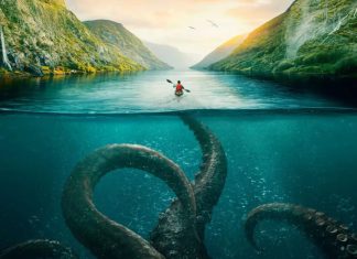 Kayaker paddling on a river between green mountains, with giant tentacles visible beneath the turquoise water.