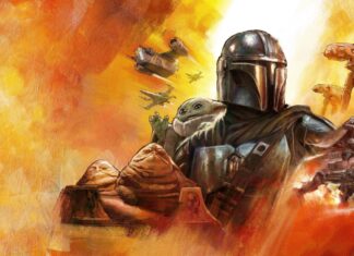 Boba Fett cradling Grogu in a fiery desert battle scene with starships overhead.