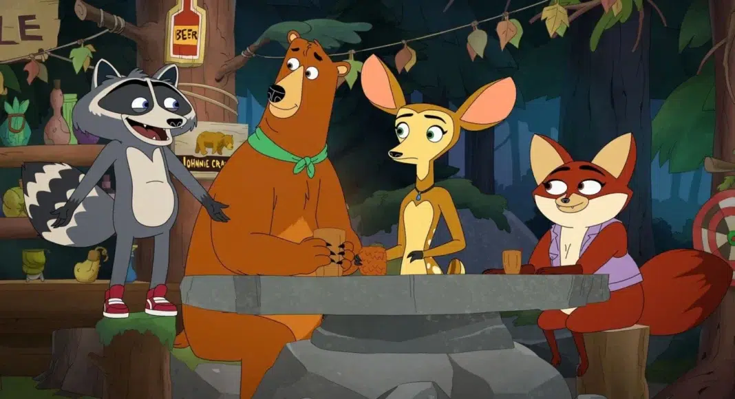 mating season A raccoon, a bear, a gazelle, and a fox sit around a stone table in a forest tavern, chatting and sharing drinks.