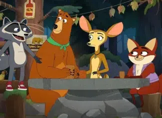 A raccoon, a bear, a gazelle, and a fox sit around a stone table in a forest tavern, chatting and sharing drinks.