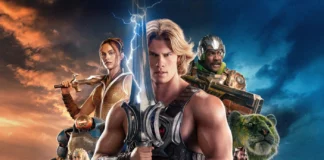 Epic fantasy movie poster with a muscular hero gripping a glowing sword, flanked by a female warrior and a armored ally, and a lion on the right against a dramatic sky.