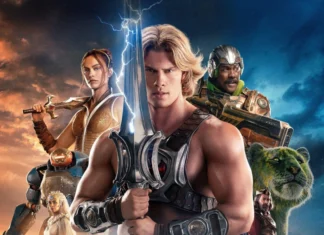 Mestres do Universo Epic fantasy movie poster with a muscular hero gripping a glowing sword, flanked by a female warrior and a armored ally, and a lion on the right against a dramatic sky.