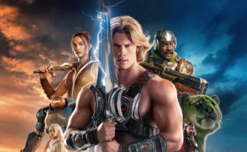 Epic fantasy movie poster with a muscular hero gripping a glowing sword, flanked by a female warrior and a armored ally, and a lion on the right against a dramatic sky.
