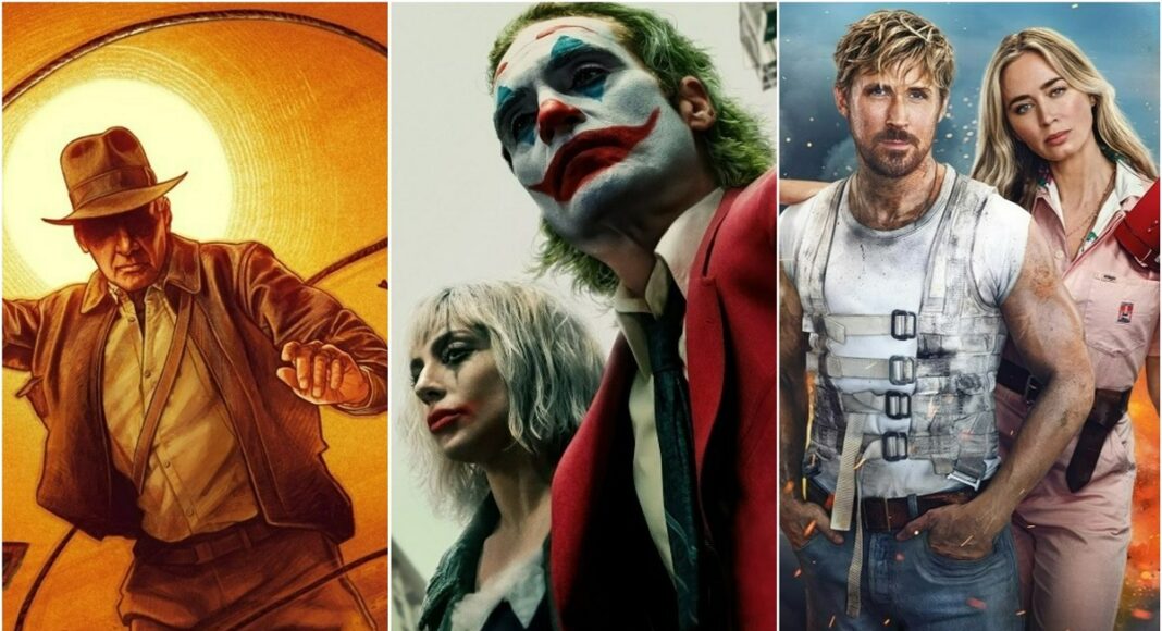 movies Collage of three movie posters: left shows a fedora-wearing adventurer with a whip in a warm orange backdrop; center features two characters with clown makeup and pale faces; right shows a muscular man in a strapped tactical vest with a woman in pink standing behind them in an action scene.