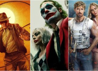 Collage of three movie posters: left shows a fedora-wearing adventurer with a whip in a warm orange backdrop; center features two characters with clown makeup and pale faces; right shows a muscular man in a strapped tactical vest with a woman in pink standing behind them in an action scene.