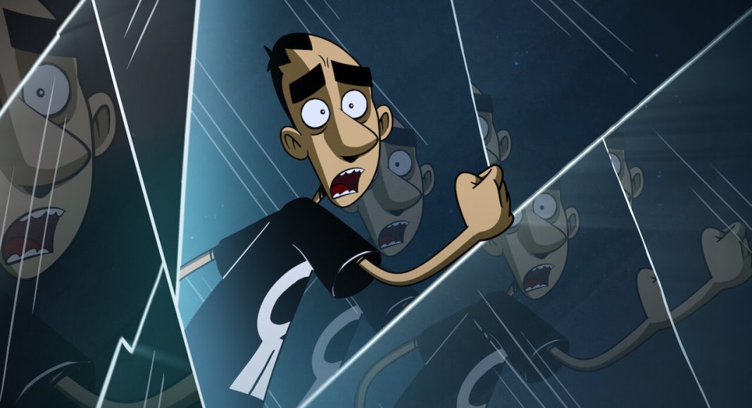 Cartoon man in a black shirt with a white symbol, pressed against jagged glass panels in a dark, reflective scene with multiple reflections.