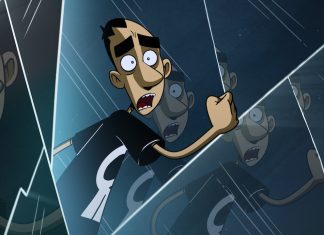 Cartoon man in a black shirt with a white symbol, pressed against jagged glass panels in a dark, reflective scene with multiple reflections.