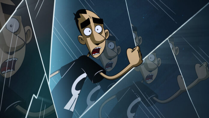 Cartoon man in a black shirt with a white symbol, pressed against jagged glass panels in a dark, reflective scene with multiple reflections.