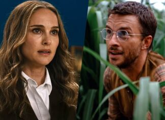 Natalie Portman e Jonathan Bailey estrelarão novo THRILLER psicológico da diretora de ‘Fresh’ Split image: a woman in a white shirt and dark blazer on the left, and a man with round glasses among tropical plants on the right.