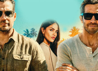 Ação com Henry Cavill e Jake Gyllenhaal estreia essa semana no streaming após fracasso ÉPICO nos cinemas Three adults posing outdoors in a sunny, tropical setting; two men on either side wear sunglasses with a woman in the middle in the background as the focal point.