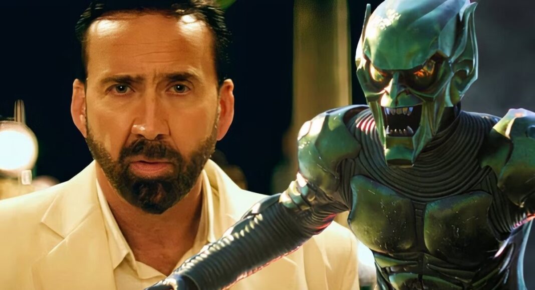 nicolas cage homem-aranha Man in a beige suit with a beard beside a green armored alien wielding a weapon, in an intense scene.