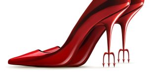 Red patent leather high-heeled shoe with forked, trident-like heels.