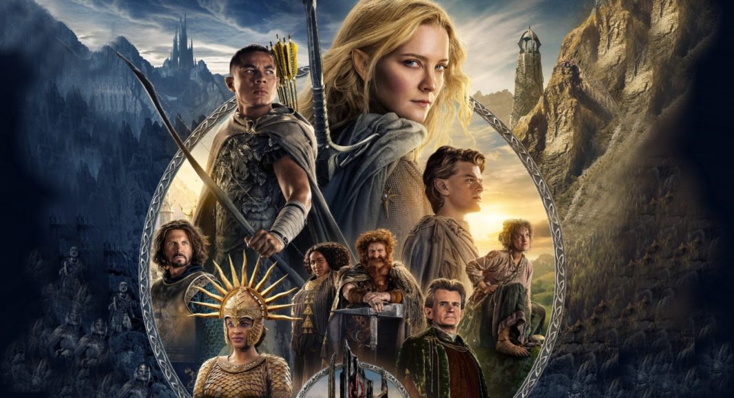 Fantasy film poster featuring a central blonde woman in cloak with armed companions around a circular emblem.