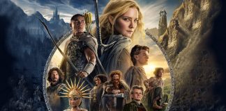 Fantasy film poster featuring a central blonde woman in cloak with armed companions around a circular emblem.