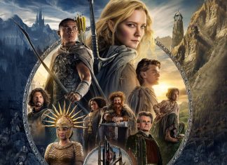 Fantasy film poster featuring a central blonde woman in cloak with armed companions around a circular emblem.