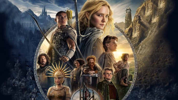 Fantasy film poster featuring a central blonde woman in cloak with armed companions around a circular emblem.