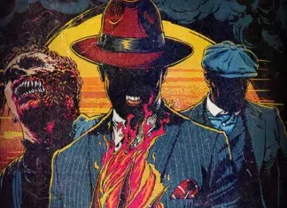 Stylized comic-style poster of three men in suits, center figure with flames licking his chest against a sunset background.
