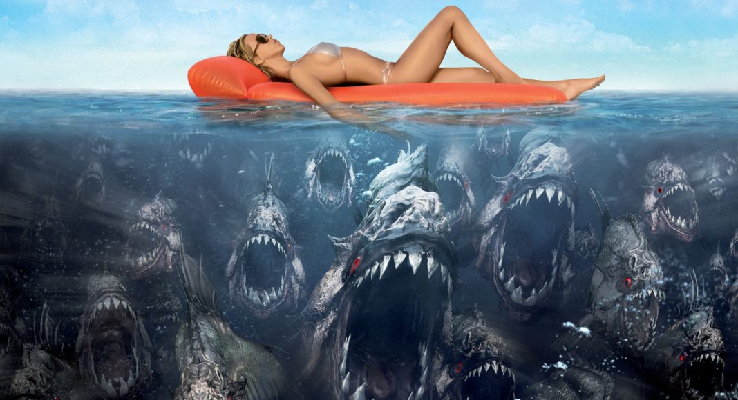 Woman in bikini on an orange raft, half-submerged in clear blue water as a school of sharks lurk beneath.
