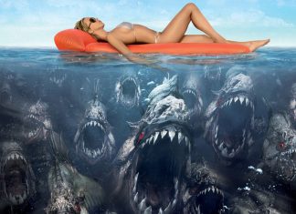 Woman in bikini on an orange raft, half-submerged in clear blue water as a school of sharks lurk beneath.