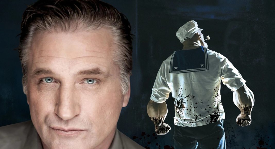 popeye Composite image: close-up of a man with blue eyes on the left and a back view of a blood-splattered sailor in a white uniform on the right.