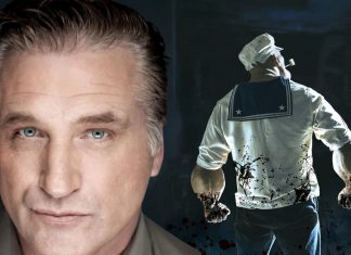 Composite image: close-up of a man with blue eyes on the left and a back view of a blood-splattered sailor in a white uniform on the right.