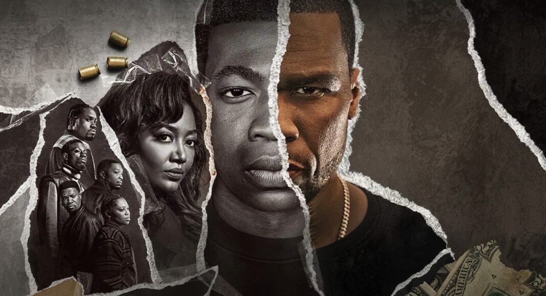 power book 3 final season Torn-paper collage of diverse faces with a central split portrait, plus scattered money and bullets in the scene.