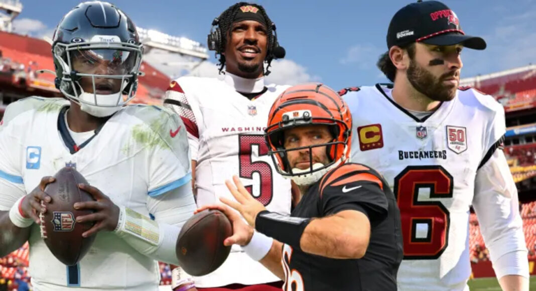 quaterback - netflx (1) Collage of four NFL quarterbacks on a sunny stadium: left in white/blue holding a football, center back in white with headset, foreground Bengals QB in black ready to throw, right in white Buccaneers jersey with cap
