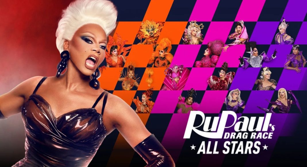 Promo poster for RuPaul's Drag Race All Stars featuring a bold foreground drag queen and a colorful checkerboard collage of contestants, with the show logo in the lower right.