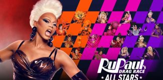 Promo poster for RuPaul's Drag Race All Stars featuring a bold foreground drag queen and a colorful checkerboard collage of contestants, with the show logo in the lower right.