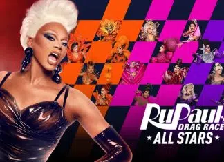Promo poster for RuPaul's Drag Race All Stars featuring a bold foreground drag queen and a colorful checkerboard collage of contestants, with the show logo in the lower right.