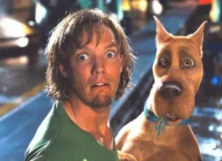 Shaggy from Scooby-Doo with a surprised expression beside Scooby-Doo on a city street at night.