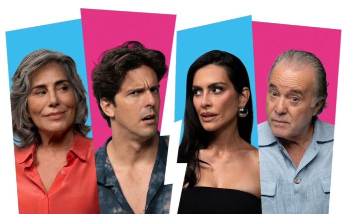 Four adults posed against bright pink and blue panels, looking in different directions.