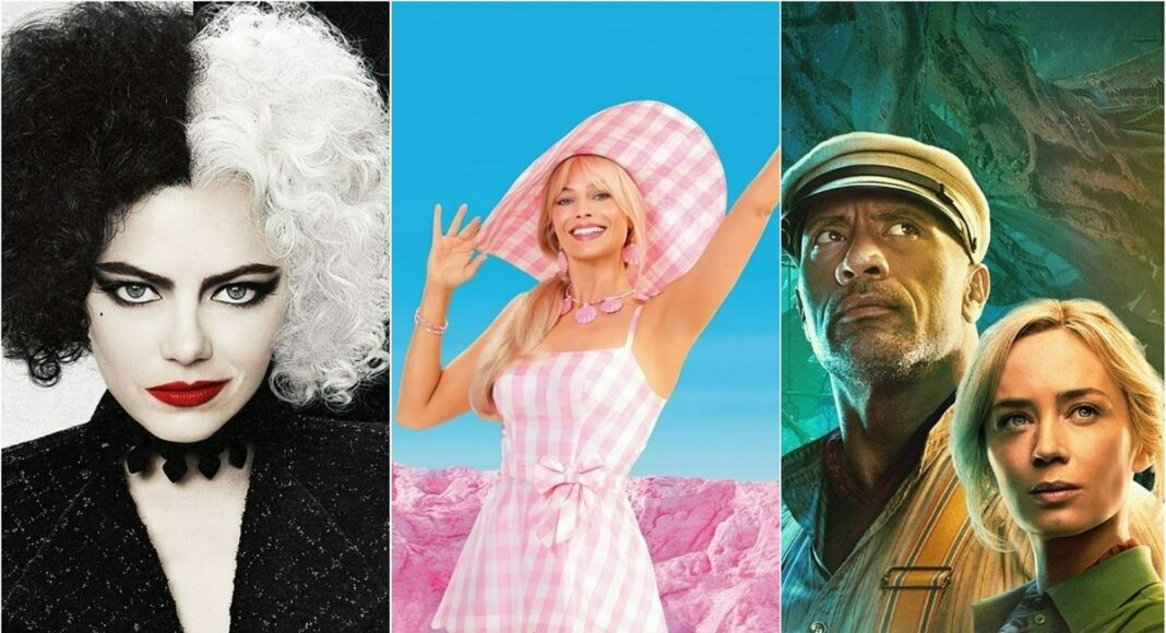 Three-panel movie poster: left Cruella de Vil with black-and-white hair, center woman in pink gingham dress and oversized hat, pink landscape behind her, right man and woman in jungle gear looking upward.