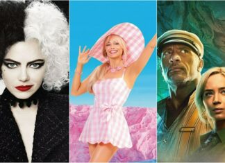 Three-panel movie poster: left Cruella de Vil with black-and-white hair, center woman in pink gingham dress and oversized hat, pink landscape behind her, right man and woman in jungle gear looking upward.