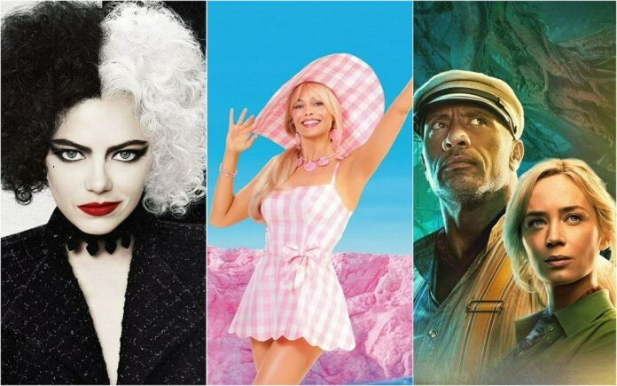 Three-panel movie poster: left Cruella de Vil with black-and-white hair, center woman in pink gingham dress and oversized hat, pink landscape behind her, right man and woman in jungle gear looking upward.