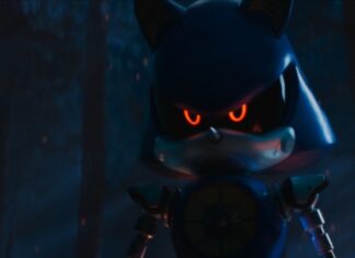 Blue robotic character with glowing red eyes in a dark, foggy forest at night, looking menacingly forward.