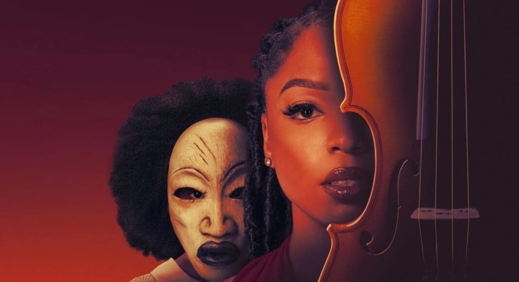 Young woman with a violin partially hiding her face, beside a carved mask against a warm orange gradient background.